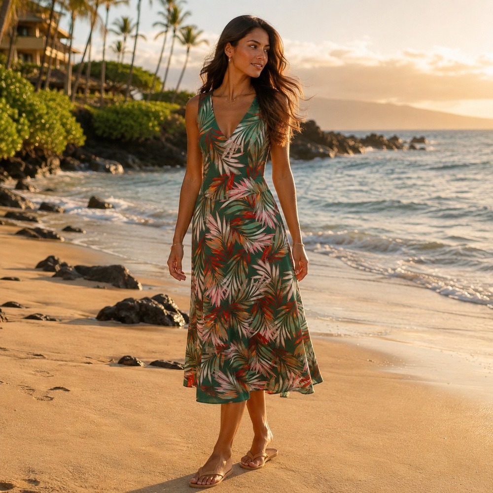 Tahari Women's Summer V-Neck Green Tropical Palm Leaf Print Maxi Dress Size 6
